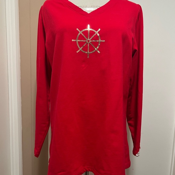 Quacker Factory Tunic Top  Red Anchors Sequins size M Long Sleeve. - Picture 2 of 8